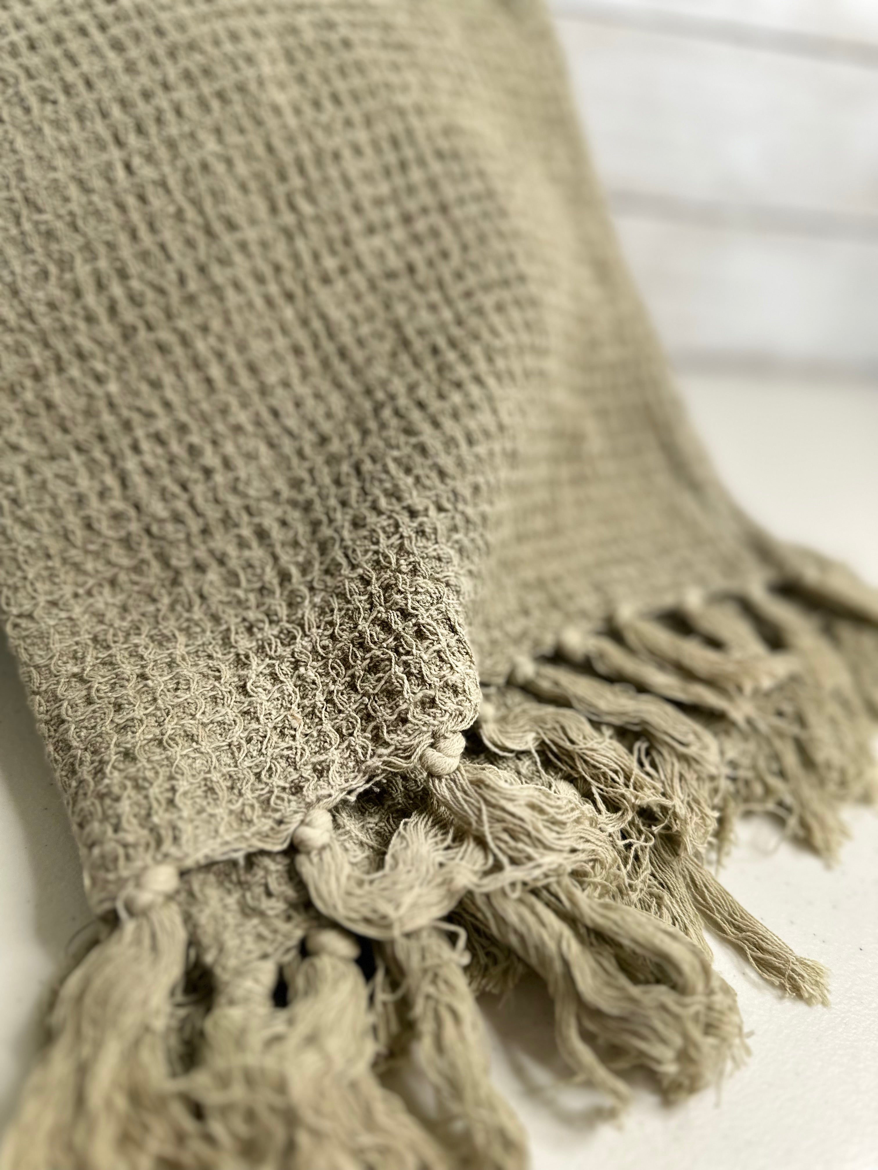 Cotton Waffle Throw with Fringe - Sage