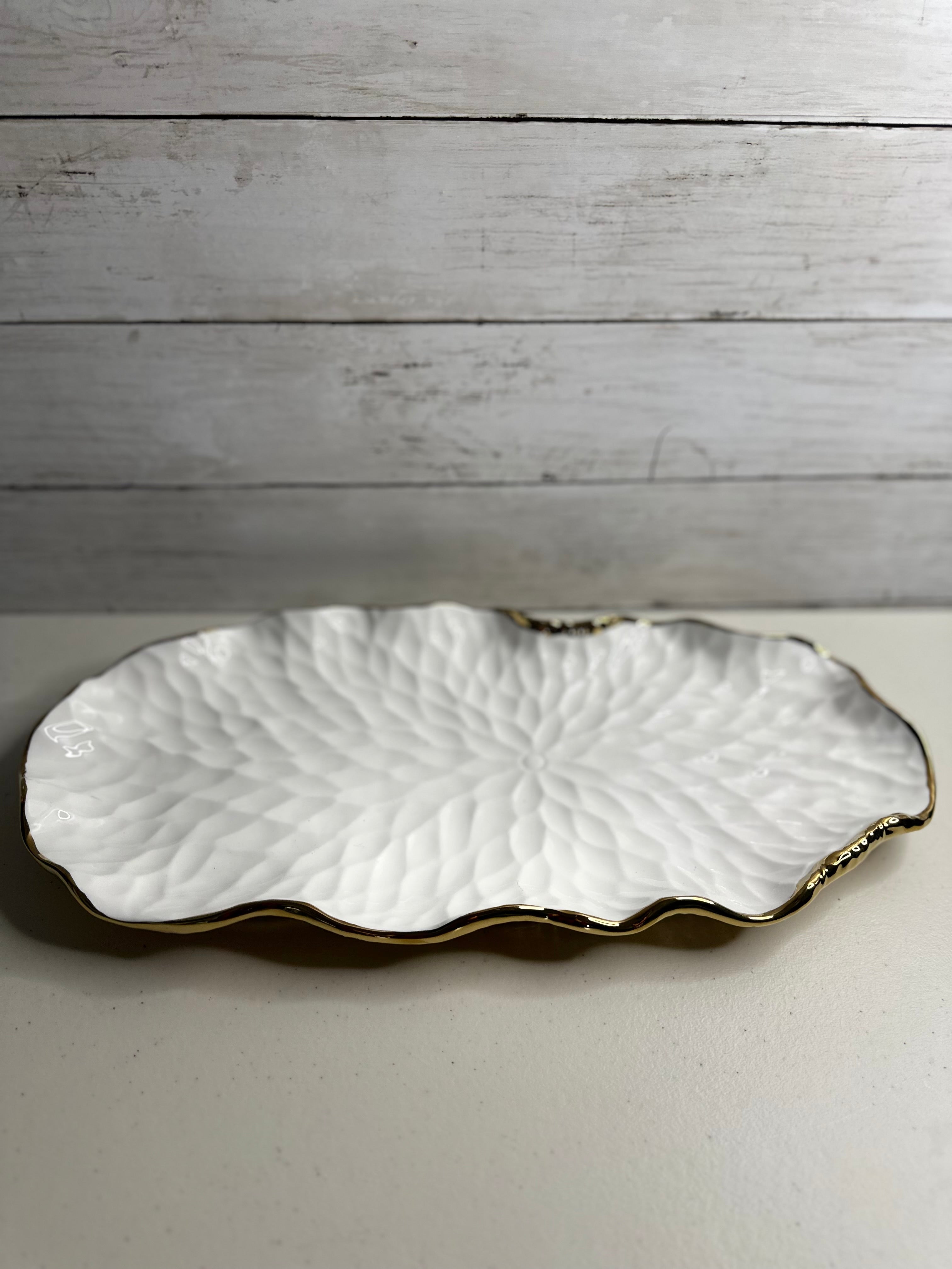 White Oval Tray New Bone China with Gold Scalloped Edge