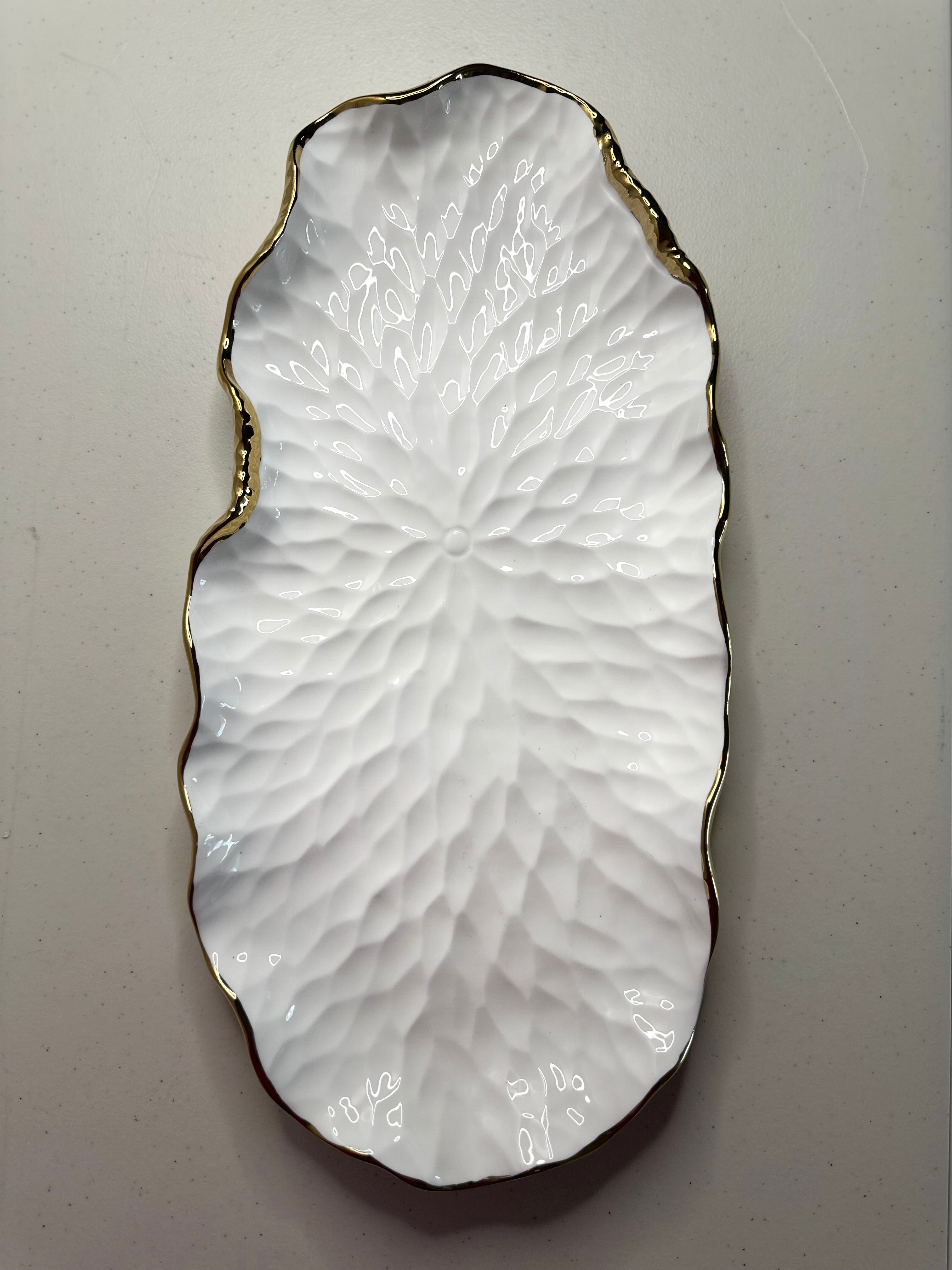 White Oval Tray New Bone China with Gold Scalloped Edge